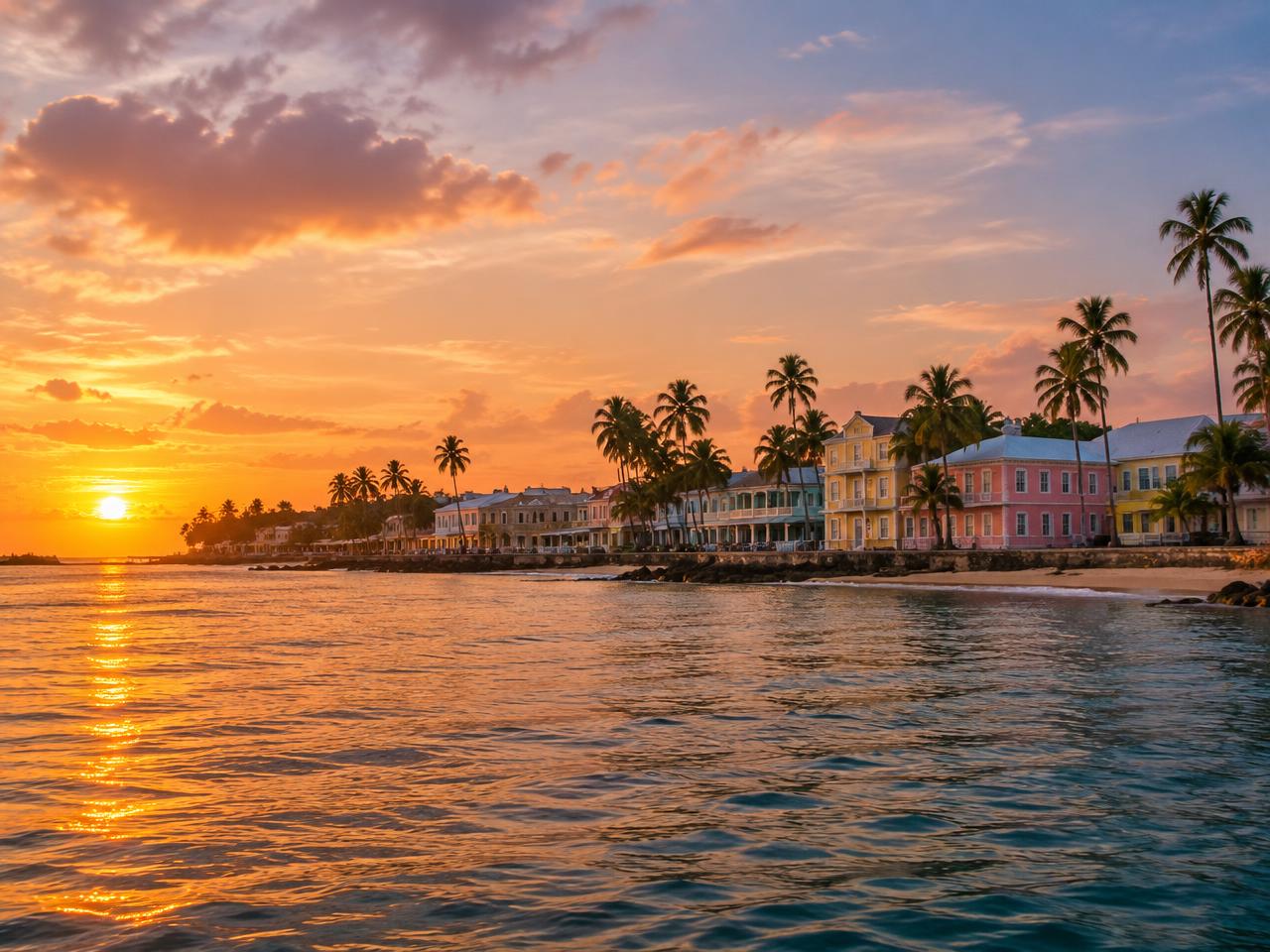 The Barbados west coast seen from the water at sunset